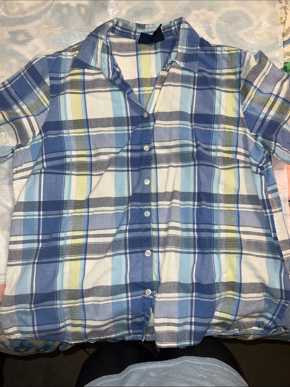 Basic Editions Blue and Yellow Plaid Short-Sleeve Button-Down Shirt